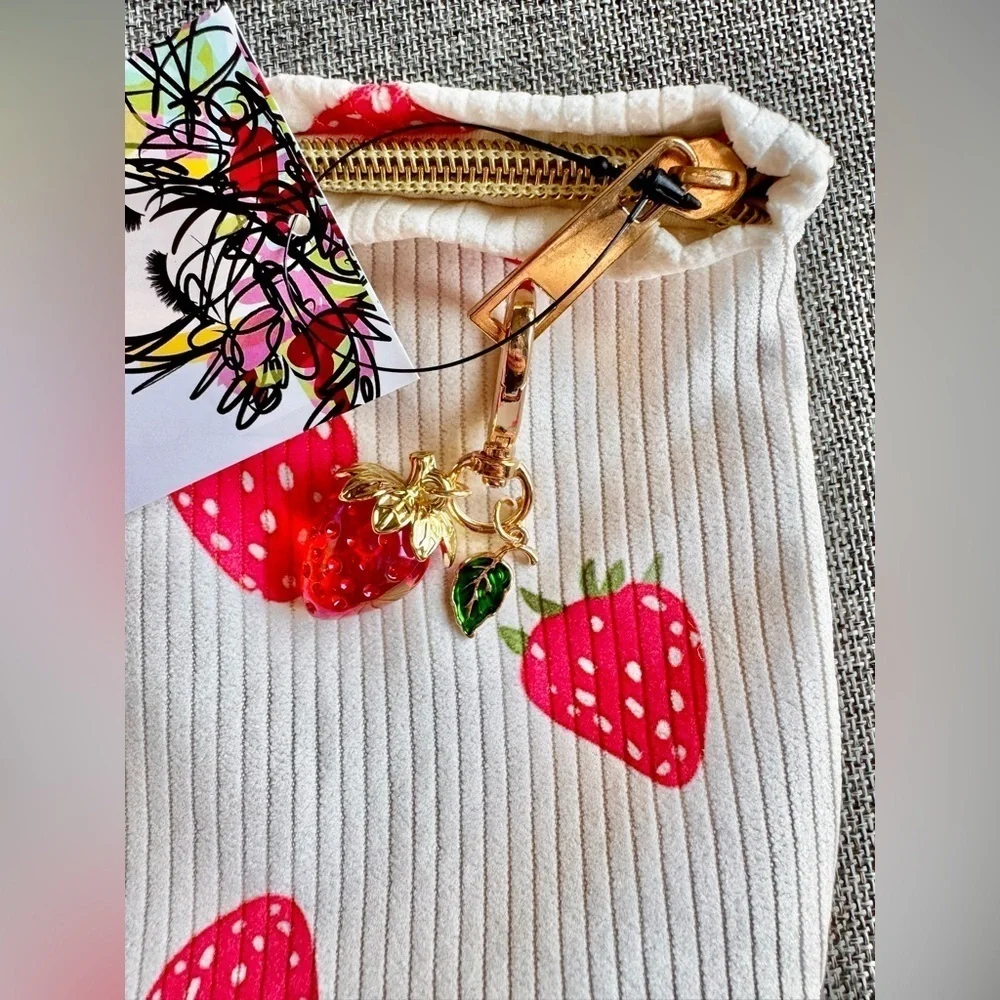 New Red Strawberry Lined Corduroy Makeup Cosmetic Tech Pencil Bag w/ Charm - 10”
